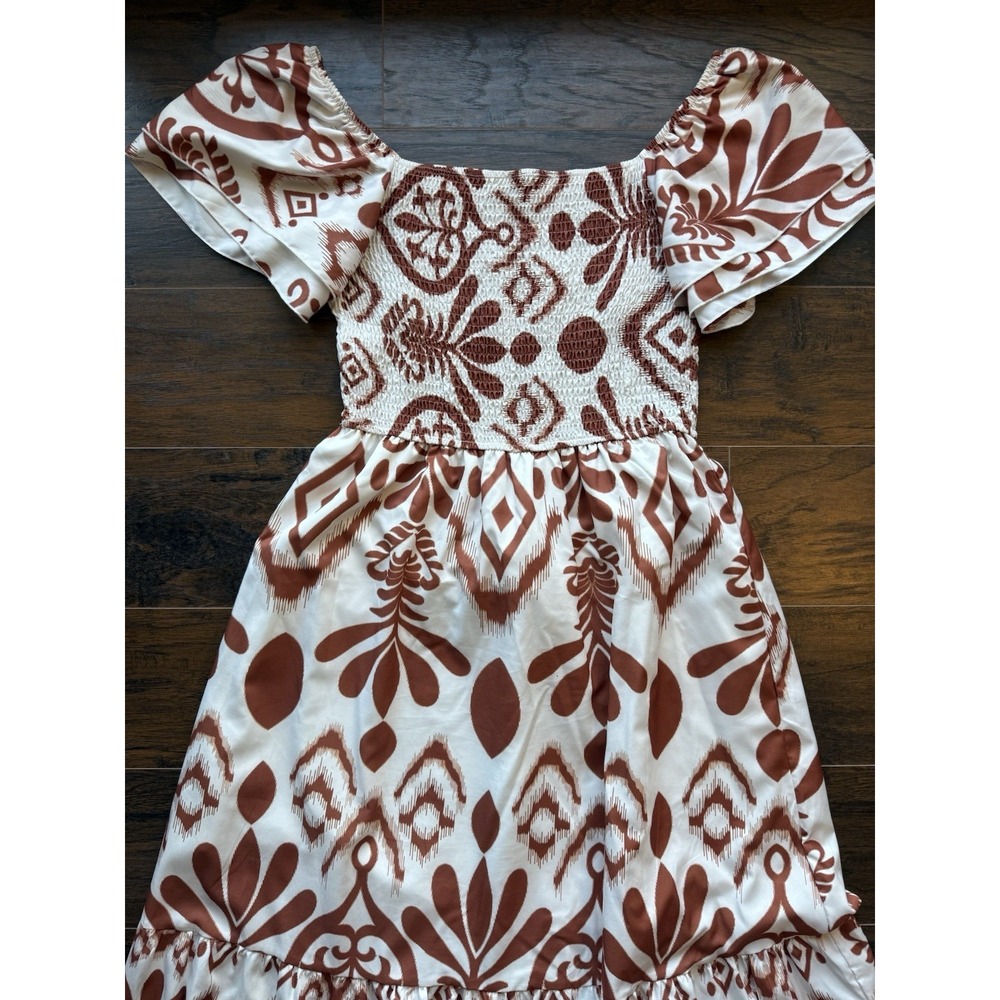 Womens Boho Smocked Midi Dress Puff Sleeve Tribal Print Flowy Summer Large Brown - Picture 3 of 8